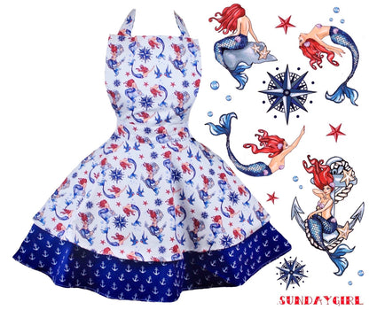 Nautical Mermaids and Anchors Women's Retro 2 Layer Apron.